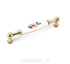 Uchwyt meblowy porcelanowy UP-21, stare złoto, porcelana niebieski kwiat z różowym, 96mm