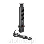 Gniazdo Przedłużacz biurkowy wysuwany, Czarny, fi 60, 3x gniazda, 2x USB 2.1A, uziemienie