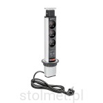 Gniazdo Przedłużacz biurkowy wysuwany, srebrny, fi 60, 3x gniazda, 2x USB 2.1A, uziemienie 