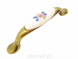 Uchwyt meblowy porcelanowy UP-19, stare złoto, porcelana niebieski kwiatek z rożowym, 96mm