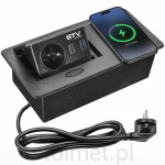 Gniazdo Przedłużacz biurkowy wpuszczany 1 gniazdo + ładowarka indukcyjna + USB + USB C, Czarny