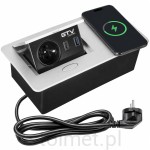 Gniazdo Przedłużacz biurkowy wpuszczany 1 gniazdo + ładowarka indukcyjna + USB + USB C, Srebrny