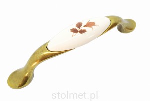 Uchwyt meblowy porcelanowy UP-19, stare złoto, porcelana brązowy kwiat, 96mm